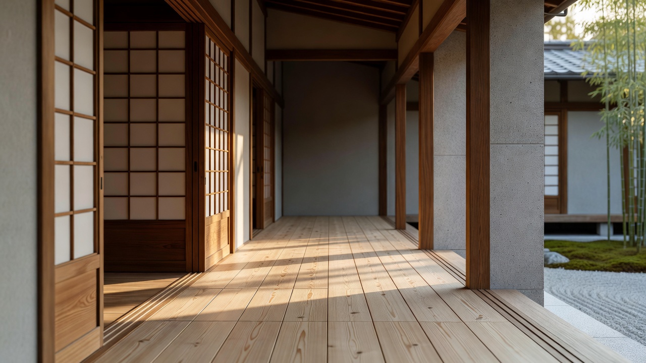 日本の縁側の廊下、木の質感と柔らかな陰影